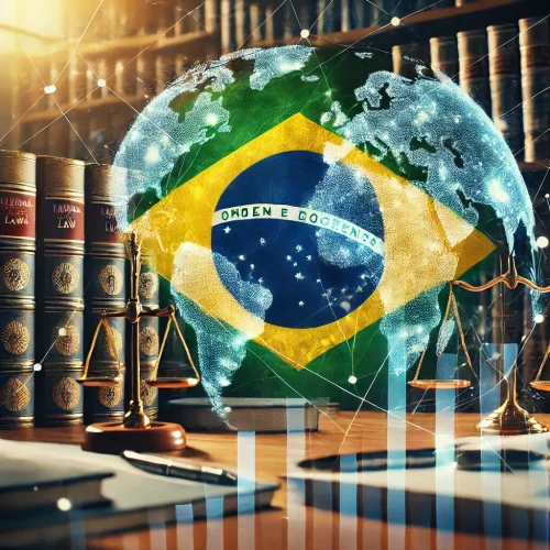 DALL·E 2025-03-07 17.11.18 - An image representing international law and legal reform in Brazil. The image features the Brazilian flag subtly blended with legal books and document