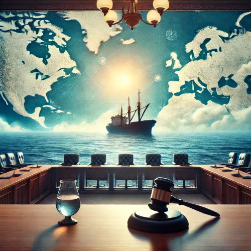 DALL·E 2025-03-14 15.45.36 - A peaceful maritime landscape showing a courtroom or tribunal setting at sea. The image features a large ship on the horizon with the ocean in the for